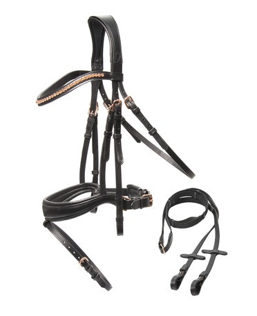 WAHLSTEN ROSEGOLD PULLBACK BRIDLE+REINS, BLACK